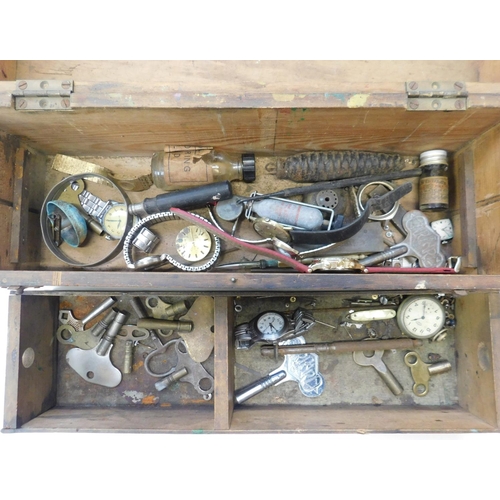 56 - Vintage wooden horologists/watch makers toolbox & contents