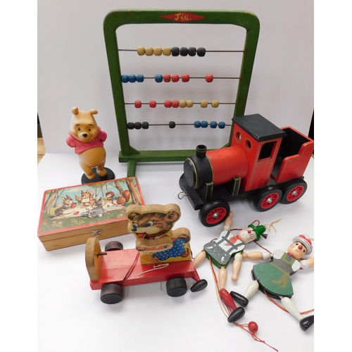 56 - Collection of vintage toys incl. abacus, wooden train and Disney Pooh...