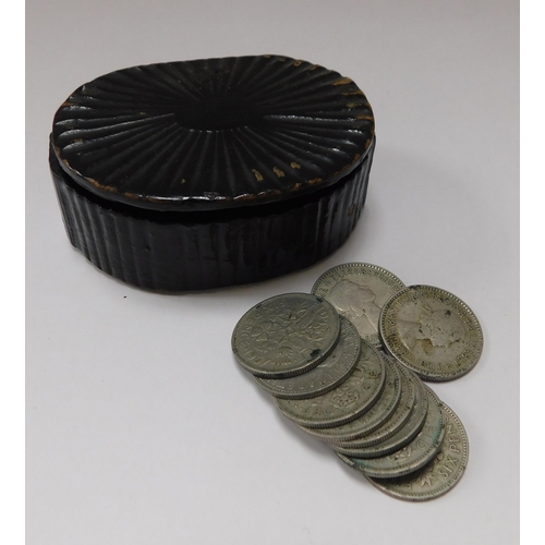 118 - Victorian paper mache snuff box with six pences inside
