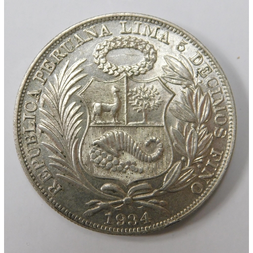 128 - 1934 Peru silver crown - one sol, uncirculated