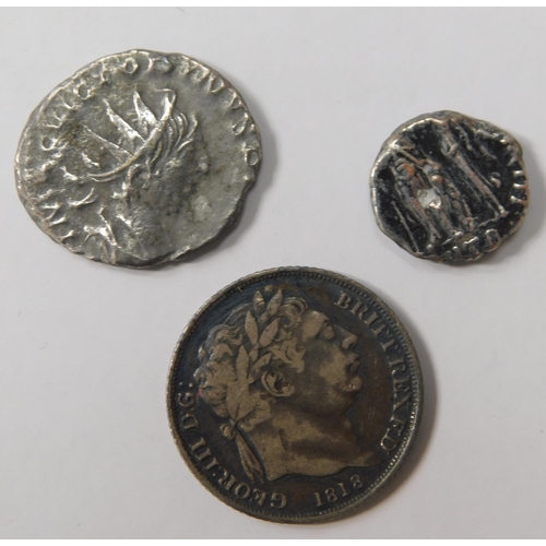 132 - 1818 George III 6d and Constantine Roman coin 337-361AD and Arcadius Roman coin 383-408AD