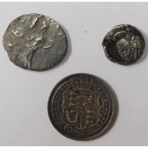 132 - 1818 George III 6d and Constantine Roman coin 337-361AD and Arcadius Roman coin 383-408AD