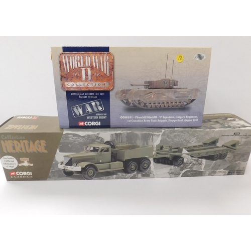174 - Corgi WWII collection, boxed vehicle and Corgi classics Heritage collection set