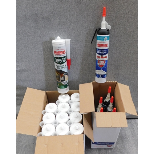 504 - 2x Boxes of Unibond white silicone sealant- 12x outdoor + 6x bathroom