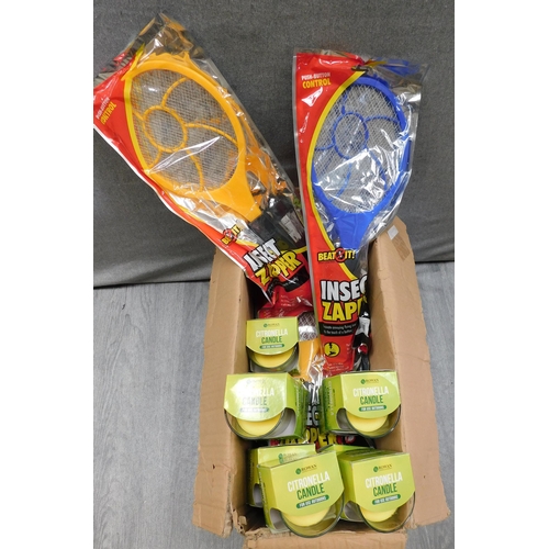 516 - Box of bug repelling candles & insect zapper rackets