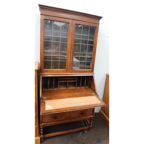 618 - Oak leaded display cabinet/writing bureau