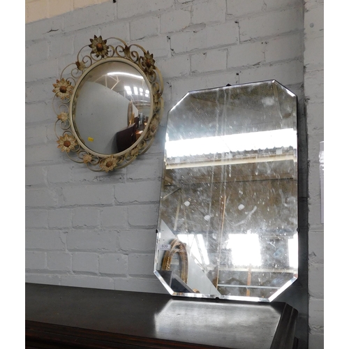 639 - 2x Vintage mirrors; bevel edged and metal floral - WITHDRAWN