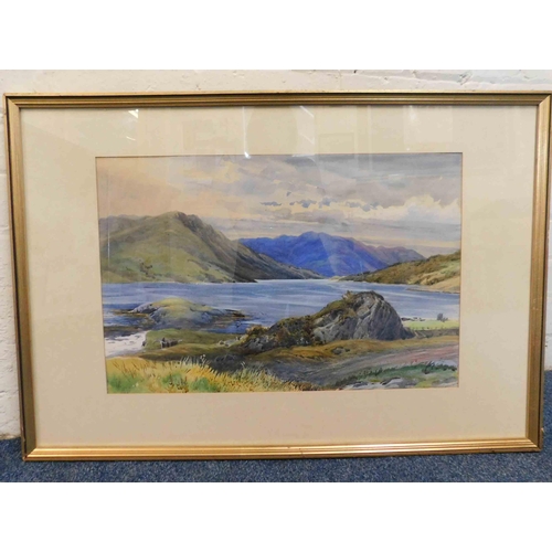 10 - Antique signed watercolour - Lake scene - frame 30x20.5