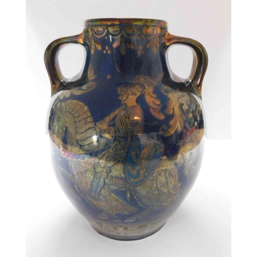 202 - Antique - Pilkington Royal Lancastrian - Knight on horseback amphora vase - (chip on base)