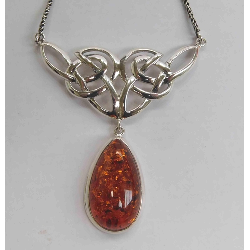 207 - Celtic silver & amber necklace