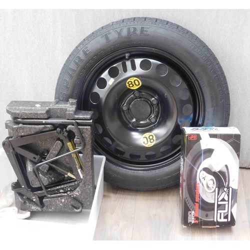 518 - Unused spare wheel and tyre T125/85-R16 and car accessories