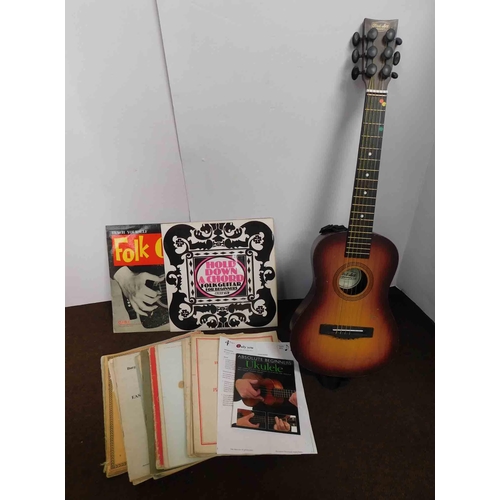 63 - First Act - child's guitar including - instructions, piano music & two LPs - how to play