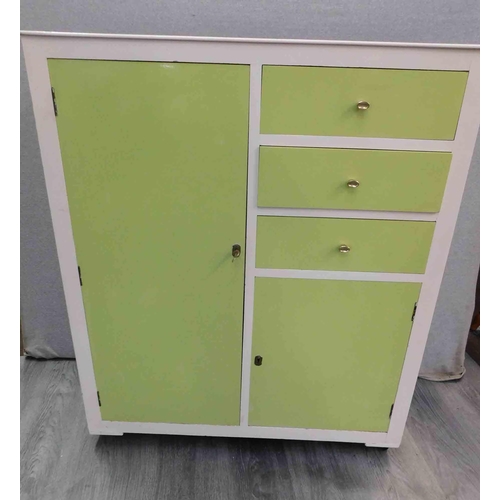 543 - Mid century 3 drawers painted cupboard, 2 lockable compartments & hanging space approx 36