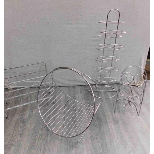 588 - 2x Chrome wine racks, magazine rack and log carrier