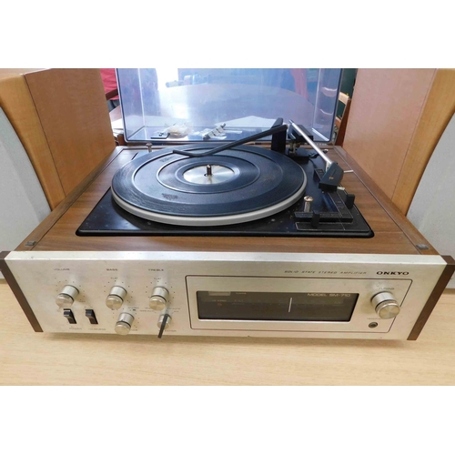 616 - Onkyo stereo record player with speakers, auto loading spindle in lid - unchecked