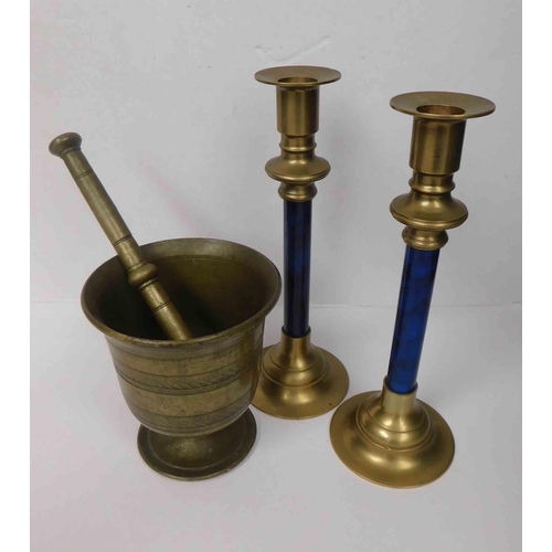 187 - Brass pestle & mortar - & candlesticks