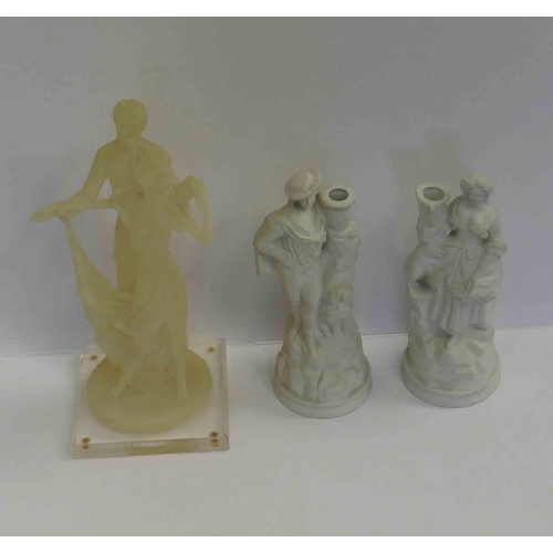198a - Two - Neo classical style candle sticks & translucent figure