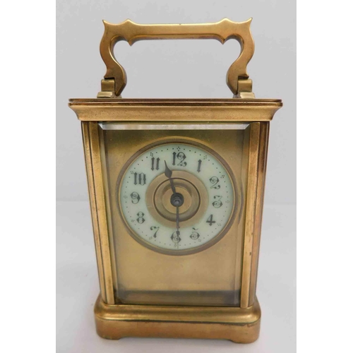 209 - French antique carriage clock -  brass casing, enamelled dial & bevelled glass W/O - slight crack to... 