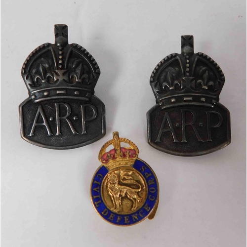 109 - Two - Sterling silver WWII era - ARP badges & Civil Defence Corps badge