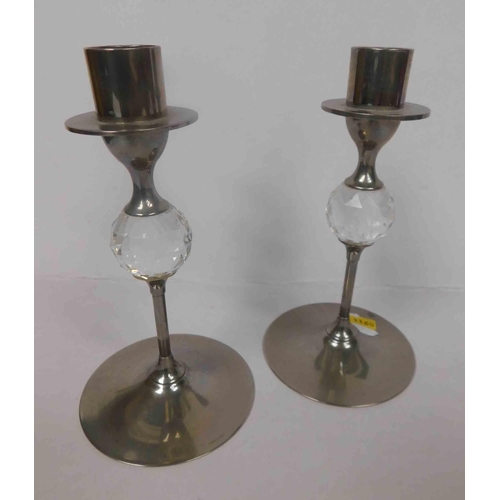 117 - Pair of Danish Modernist style candle sticks - steel with cut glass