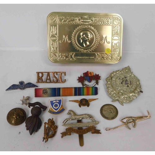 133 - Mixed items including - Royal Irish Hussars cap badge & reproduction tin