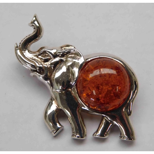 135 - Silver & amber - elephant brooch