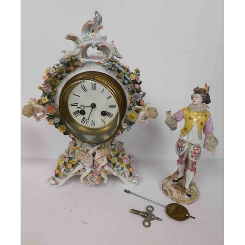 156 - Antique German ceramic - cherub clock & figure - require attention