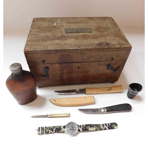 19 - Engineering box, hip flask, pocket knives & mixed items