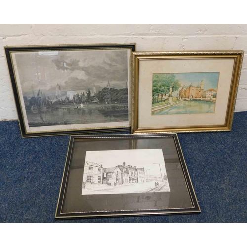 191 - Three - Framed artworks, original pen & ink signed Chapman - signed watercolour & vintage print