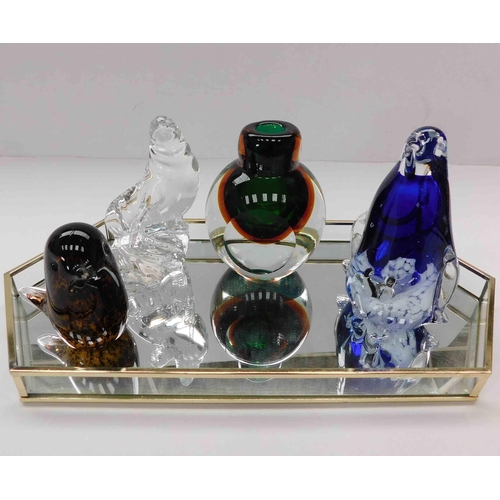 208 - Mirrored tray & glass paperweights