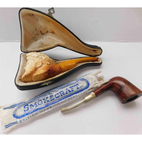 21 - Vintage Meerschaum style pipe in original case, cleaners & one other