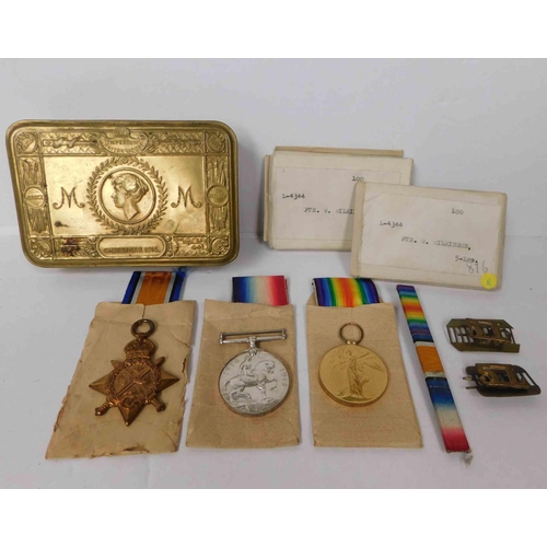 230 - WWI era militaria including - 5th Lancers medal trio, shoulder tiles & Christmas tin