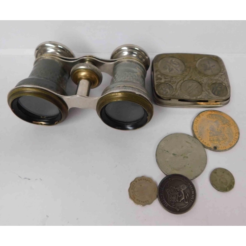 239 - Vintage - opera glasses, coin holder & coins