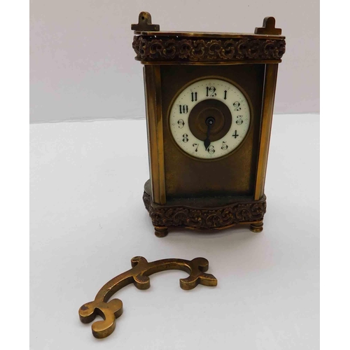 258 - Antique brass carriage clock - enamelled face & bevelled edge glass - requires attention