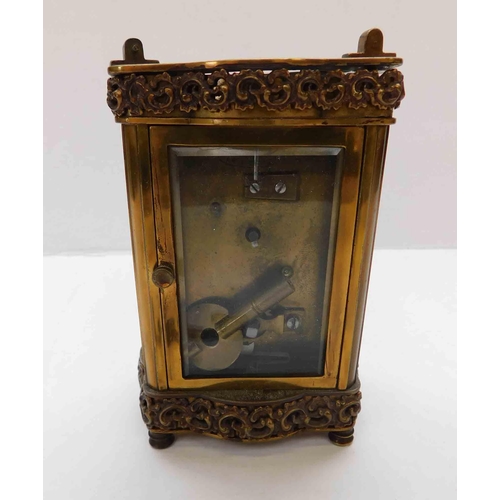 258 - Antique brass carriage clock - enamelled face & bevelled edge glass - requires attention