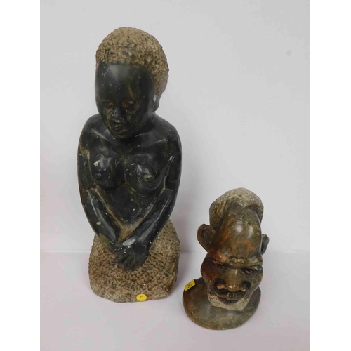 47 - Two - Vintage hand carved African soap stone figures - lady signed by artist