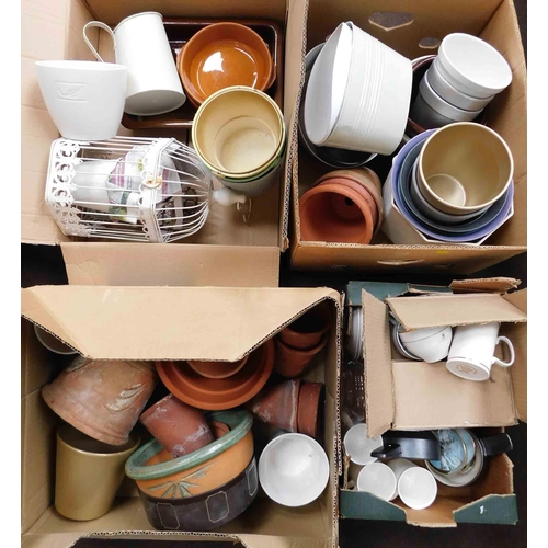 518 - 3x Boxes of assorted clay, ceramic, plastic plant pots and planters, plus new china tea/coffee cups