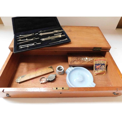 57 - Antique brass & mahogany drawing box - draughtsmen's set & mixed items