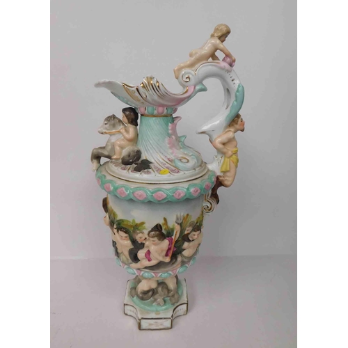 68 - Antique German - mythical creatures, ceramic character Ewer - decorated with water horses, dolphins,... 