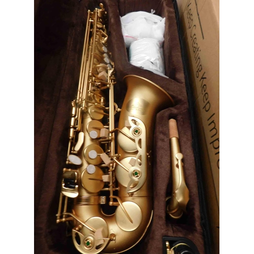 82 - Eastrock Alto student saxophone - gold lacquer with carry case - Packaged as new