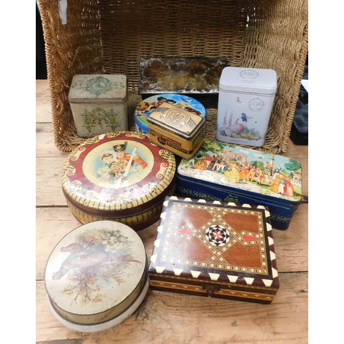 9 - Mixed vintage tins, inlaid box & wicker basket