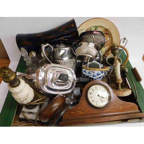 39 - Antique & vintage items - including silver plate tea set & inlaid clock...