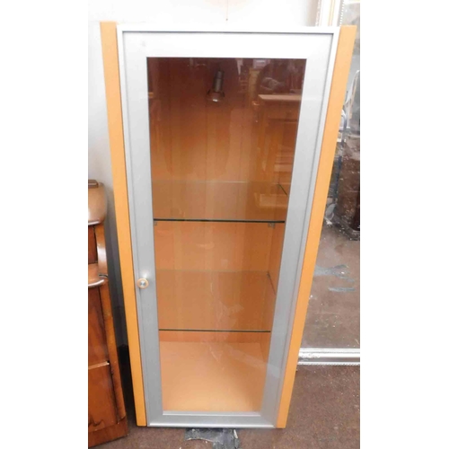 749 - Beech coloured glass fronted display cabinet, approx 18x16x42
