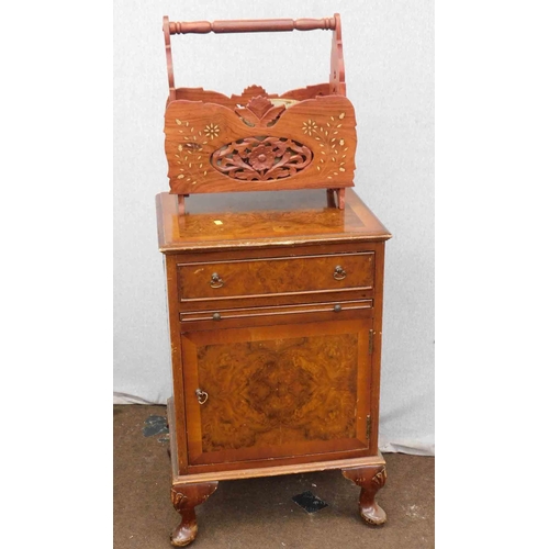 806 - Vintage quarter cut walnut cabinet with carved magazine rack