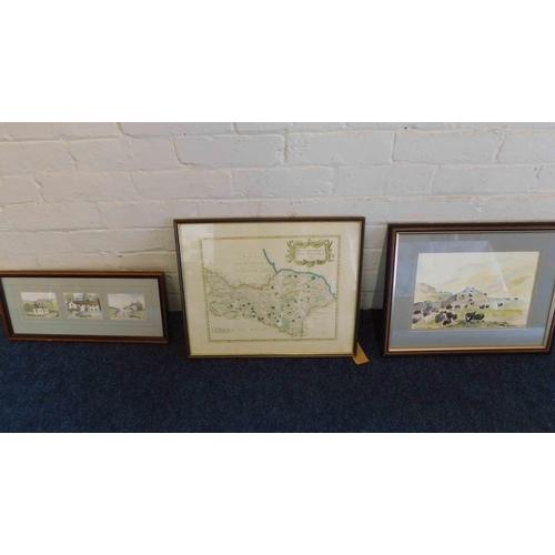 2 - Two - Yorkshire framed & signed watercolours - pen & ink & Yorkshire map
