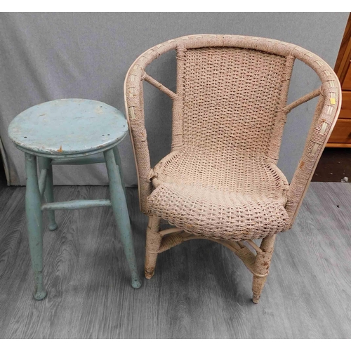 624 - Vintage wooden stool & wicker chair-as seen