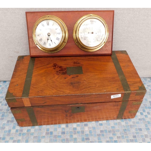 643 - Vintage mahogany writing box (as seen) + clock/barometer