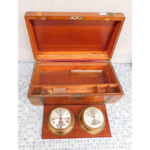 643 - Vintage mahogany writing box (as seen) + clock/barometer