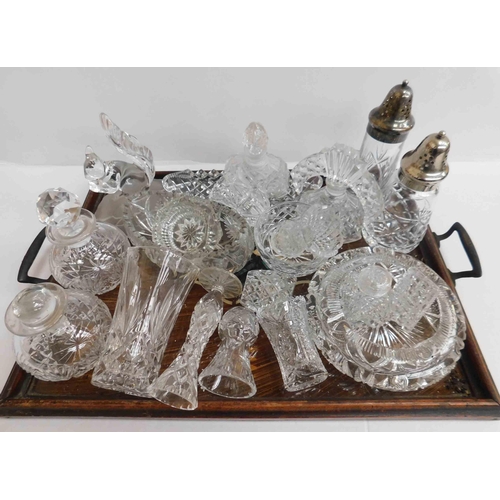 70 - Cut crystal & scent bottles - with Edwardian inlaid tray