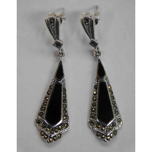 148 - Pair of silver, jet & marcasite earrings